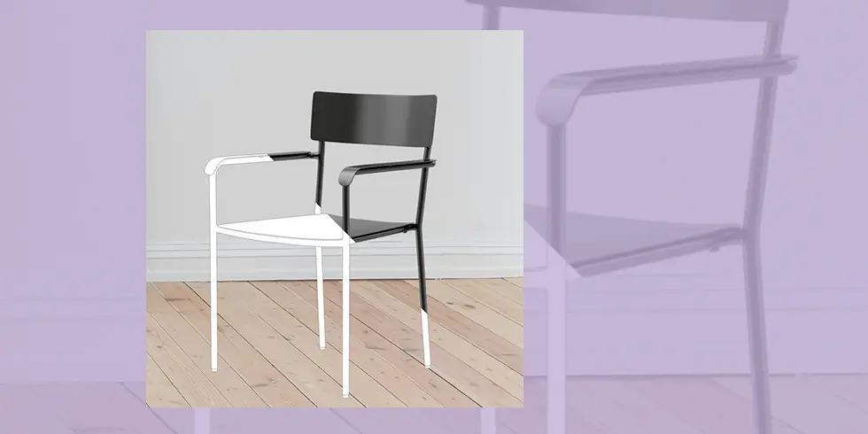 Wireframe and finished 3D model of a chair in a room.