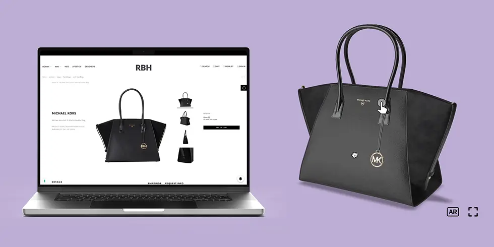 laptop showing interactive 3D an AR of handbag on ecommerce site
